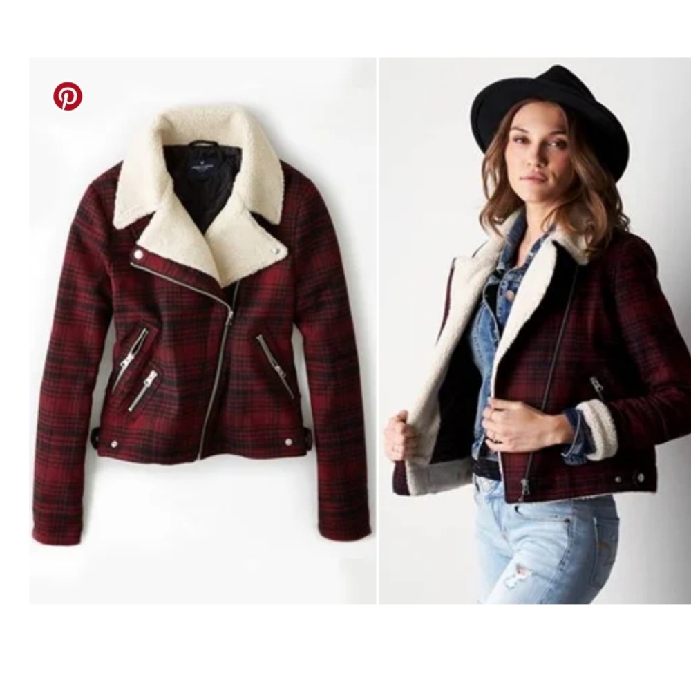 American Eagle Outfitters Red Plaid Teddy Jacket